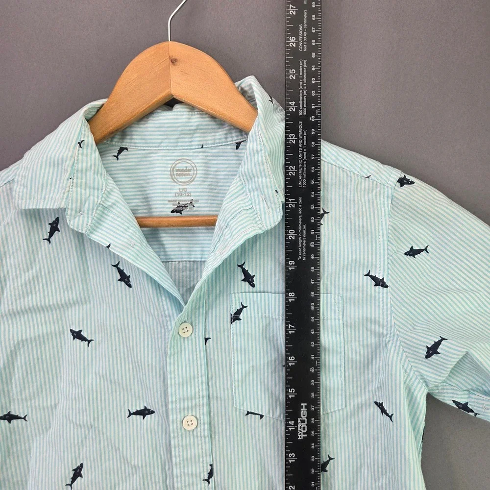 Wonder Nation Boys Button Up Shirt Size L 10-12 Blue Stripe Shark Short Sleeve